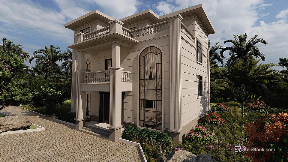 Elegant Two Story Detached Villa With Arched Windows Balcony Palm Trees And Brick Driveway 3d model 