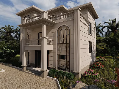 Elegant Two Story Detached Villa With Arched Windows Balcony Palm Trees And Brick Driveway 3d model