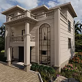 Elegant Two Story Detached Villa With Arched Windows Balcony Palm Trees And Brick Driveway