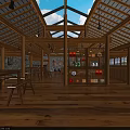 Traditional Rustic Interior Space With Wooden Roof Skylights Stone Walls And Display Counter