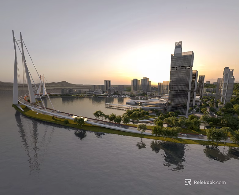 Aerial View Urban Planning with River Bridge High Rise Buildings and Green Trees at Sunset 3d model 