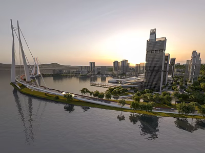 Aerial View Urban Planning with River Bridge High Rise Buildings and Green Trees at Sunset 3d model