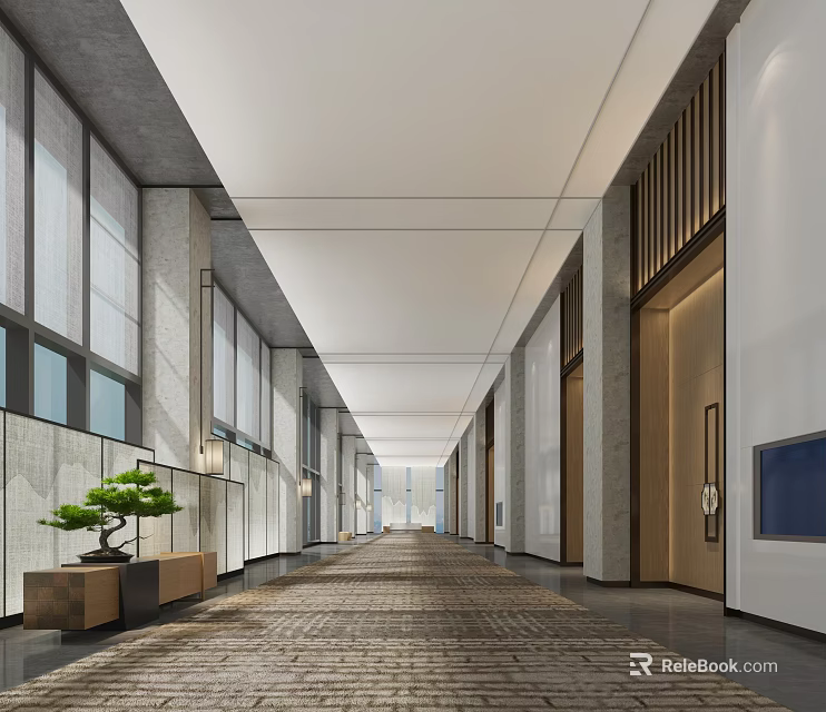 Spacious Modern Hotel Corridor With Carpeted Floor Large Windows Potted Plant And Guest Room Doors 3d model 