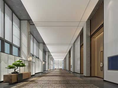 Spacious Modern Hotel Corridor With Carpeted Floor Large Windows Potted Plant And Guest Room Doors 3d model