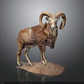 Ram Sculpture With Large Curved Horns And Brown Fur On Rock Base