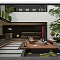 Modern Tea House Courtyard Featuring Water Feature Wooden Deck Green Plants And Stone Decor
