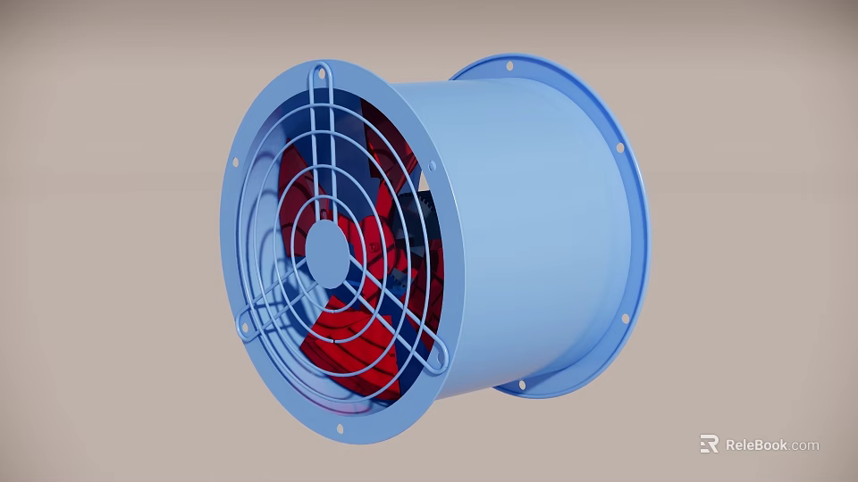 Canteen Ventilation Equipment Blue Axial Fan With Red Blades And Metal Frame 3d model 