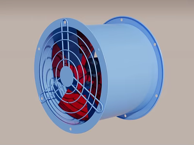 Canteen Ventilation Equipment Blue Axial Fan With Red Blades And Metal Frame 3d model