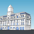 Multi Story Office Building With Clock Tower Arched Windows And Blue Accents
