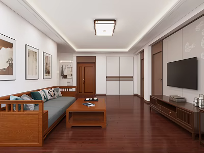 Modern Living and Dining Room Interior With Wooden Sofa Coffee Table TV Cabinet Decorative Paintings 3d model