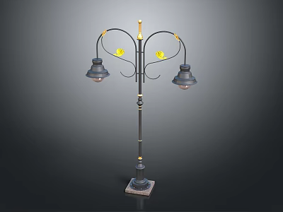Vintage Style Street Lamp Furniture With Double Lampshades Black Metal Frame And Yellow Decorations 3d model