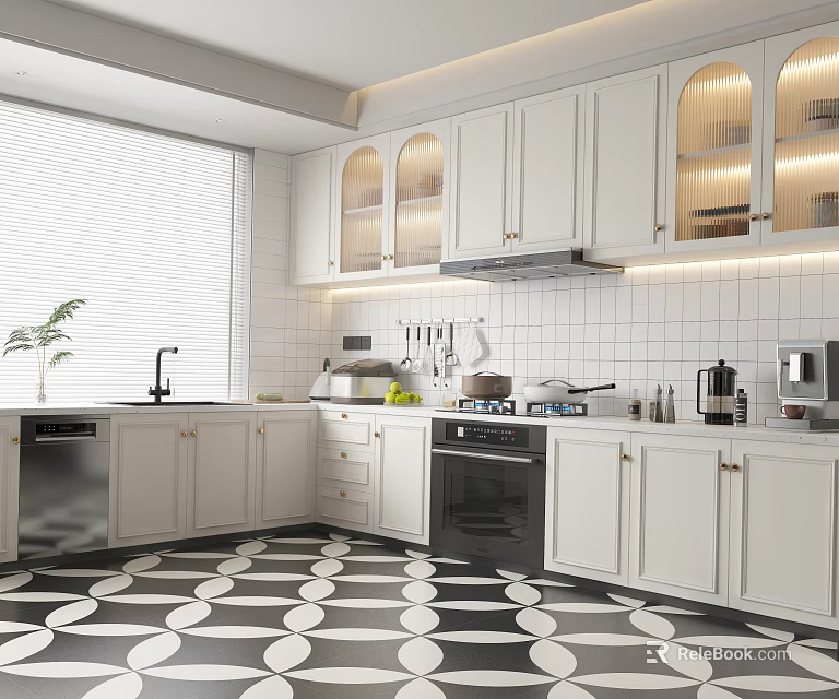 Modern White Kitchen Interior With Glass Door Cabinets Dishwasher And Black White Geometric Floor 3d model 