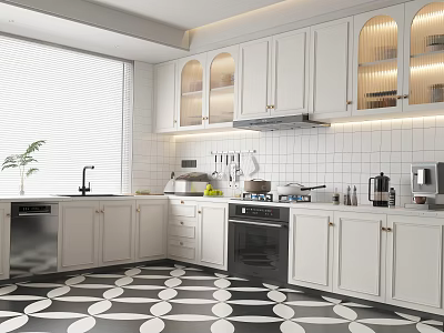 Modern White Kitchen Interior With Glass Door Cabinets Dishwasher And Black White Geometric Floor 3d model