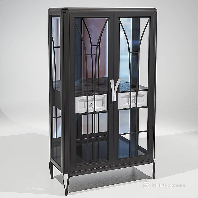 Modern Black Cabinet With Glass Doors And Metal Frame White Drawers 3d model 