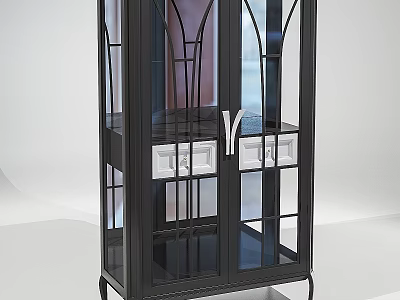 Modern Black Cabinet With Glass Doors And Metal Frame White Drawers 3d model