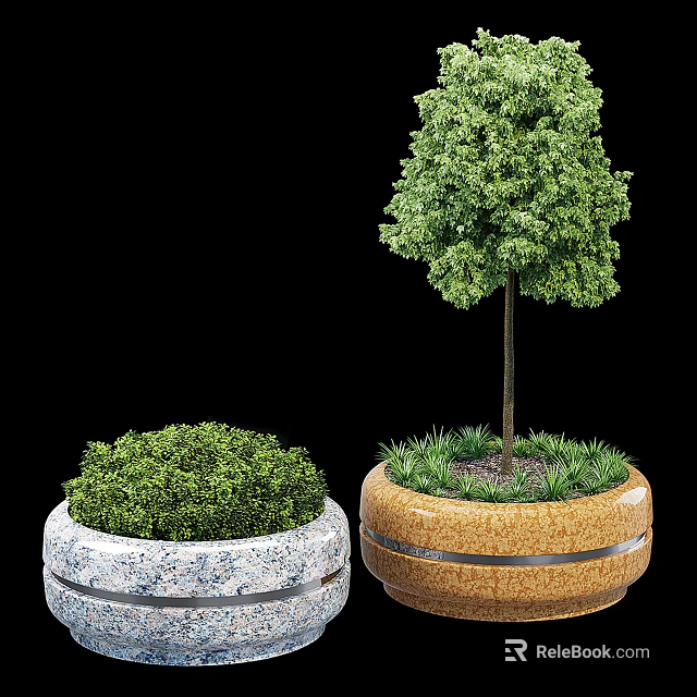 Potted Bonsai Plants In Textured And Brown Ringed Pots With Green Shrub And Small Tree 3d model 