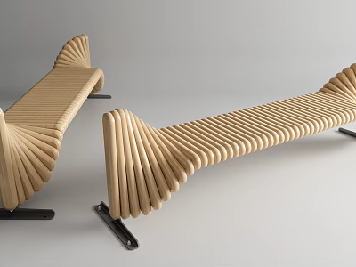 Wooden Public Bench With Curved Slats And Black Metal Legs Modern Design 3d model