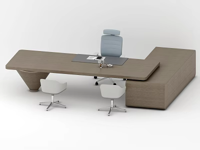 Modern L Shaped Office Desk With Wooden Top Grey Chair And Desk Accessories 3d model