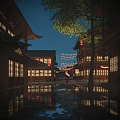 Ancient Buildings in Rainy Night With Lanterns and Red Clothed Person Reflections
