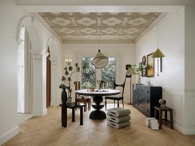 Elegant Classic Restaurant Interior With Dining Table Chairs Pendant Lights Ceiling Details And Herringbone Flooring 3d model
