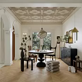 Elegant Classic Restaurant Interior With Dining Table Chairs Pendant Lights Ceiling Details And Herringbone Flooring