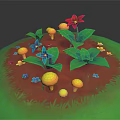 Vibrant Garden Plants With Red Blue Flowers Yellow Mushrooms And Green Leaves