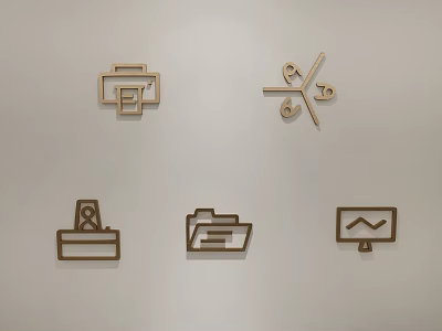 Wooden Decorative Hangings Featuring Different Shapes Like Printer Compass Time Clock Folder And Chart 3d model