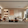Modern Living Room Interior With Beige Sofa Wooden Armchair Geometric Wall Art And Layered Shelves