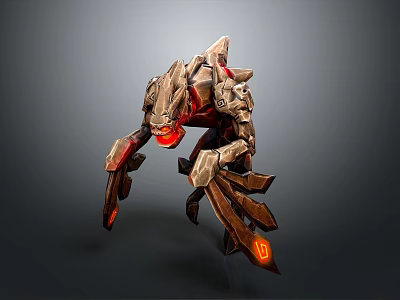 Futuristic Mechanical Beast Character With Sharp Claws Red Glowing Parts Brown Armor And Orange Markings 3d model