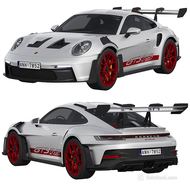 Silver Porsche 911 GT3 RS With Red Wheels And Spoiler 3d model 