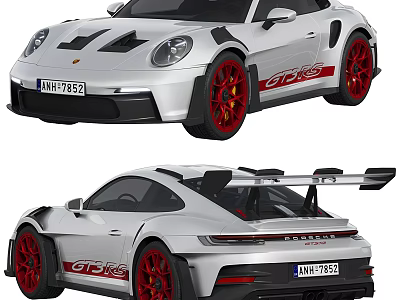 Silver Porsche 911 GT3 RS With Red Wheels And Spoiler 3d model