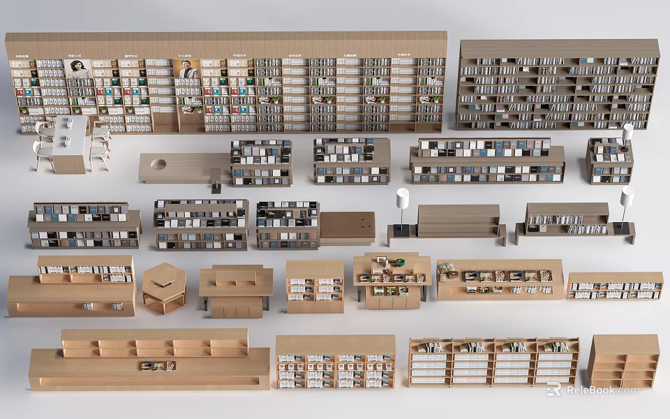 Various Modern Bookcase Designs With Open Shelves And Storage Solutions 3d model