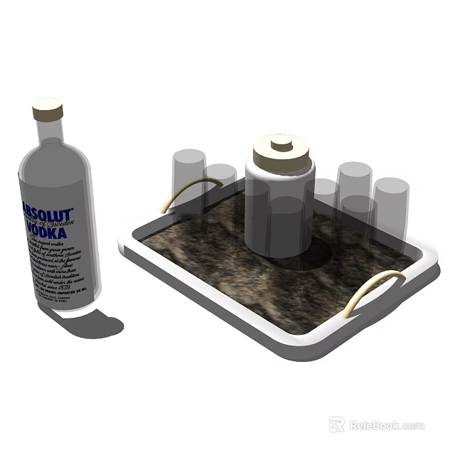 Elegant Dinnerware Set With Tray Glasses And Absolut Vodka Bottle 3d model 