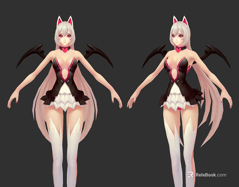 Anime Style Game Character With Pink Cat Ears Black Wings And White Long Hair 3d model 