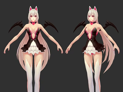 Anime Style Game Character With Pink Cat Ears Black Wings And White Long Hair 3d model