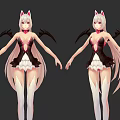 Anime Style Game Character With Pink Cat Ears Black Wings And White Long Hair