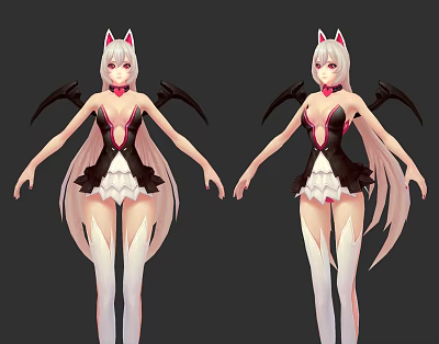 Anime Style Game Character With Pink Cat Ears Black Wings And White Long Hair 3d model