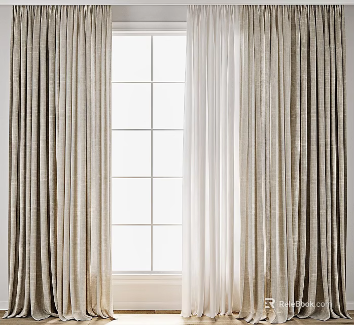 Beige Textured Curtains With White Sheer Panels For Grid Window Decoration 3d model 