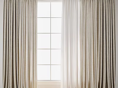 Beige Textured Curtains With White Sheer Panels For Grid Window Decoration 3d model