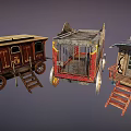 Vintage Horse-Drawn Carriages with Ornate Woodwork Decorative Windows Staircases and Various Roof Designs