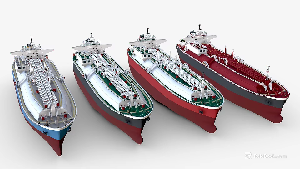 Row of Oil Tanker Ships with Colored Hulls Arranged Side by Side 3d model 