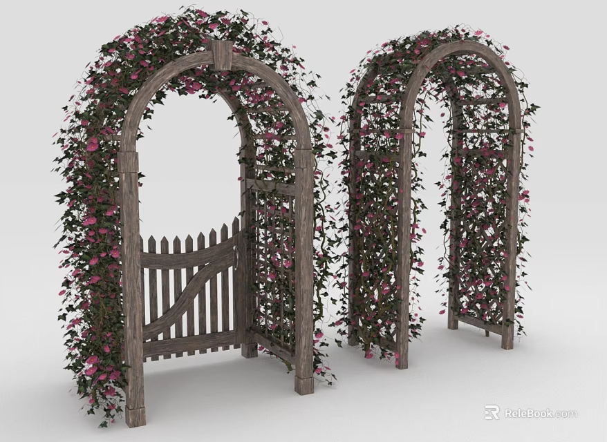 Climbing Plants With Pink Flowers On Decorative Wooden Arches And Gate 3d model 