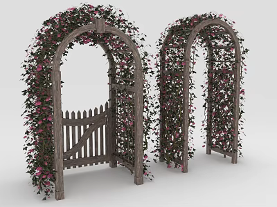 Climbing Plants With Pink Flowers On Decorative Wooden Arches And Gate 3d model