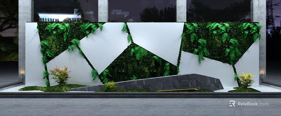 Green Plant Wall With Geometric White Decorative Panels And Exterior Design 3d model 