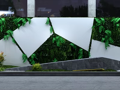 Green Plant Wall With Geometric White Decorative Panels And Exterior Design 3d model
