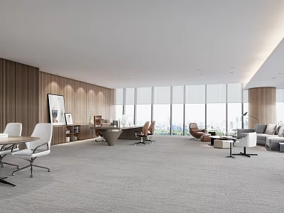 Modern Office Interior Design With Open Layout Wooden Wall Desks Chairs Sofa And Floor-to-Ceiling Windows 3d model