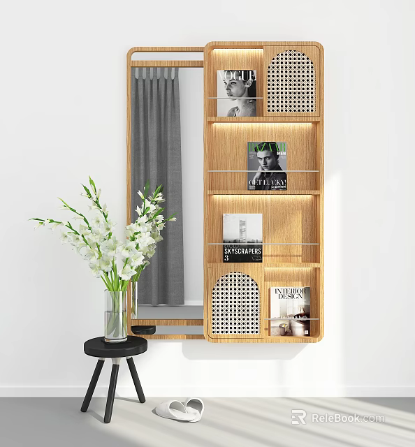 Decorative Mirror with Wooden Shelf Holding Magazines Photos White Vase and Flowers on Black Stool 3d model 