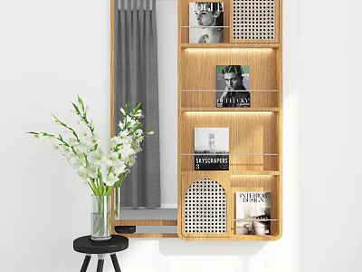 Decorative Mirror with Wooden Shelf Holding Magazines Photos White Vase and Flowers on Black Stool 3d model