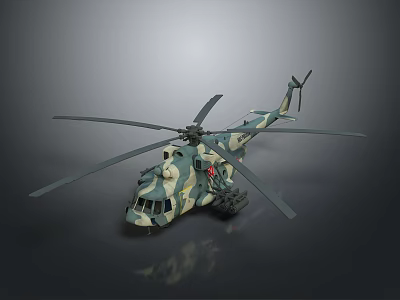 Detailed View Of Military Camouflage Helicopter With Large Rotors On Gray Background 3d model