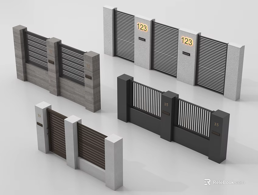 Modern Fence Designs With Slatted Panels And House Numbers For Residential Use 3d model 
